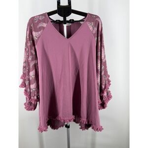 Southern Stitch Womens 3XL Purple Paisley Fringe Raglan Sleeve V-Neck Tunic Top